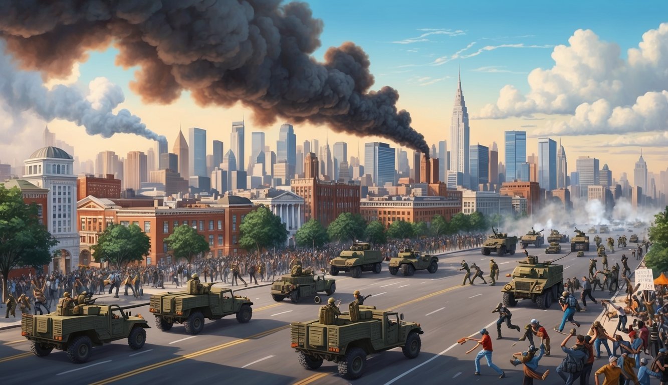 A city skyline with billowing smoke, military vehicles, and protesters clashing in the streets