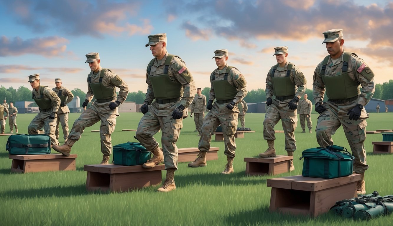 A group of military personnel undergo rigorous fitness testing outdoors, with obstacles and equipment for training