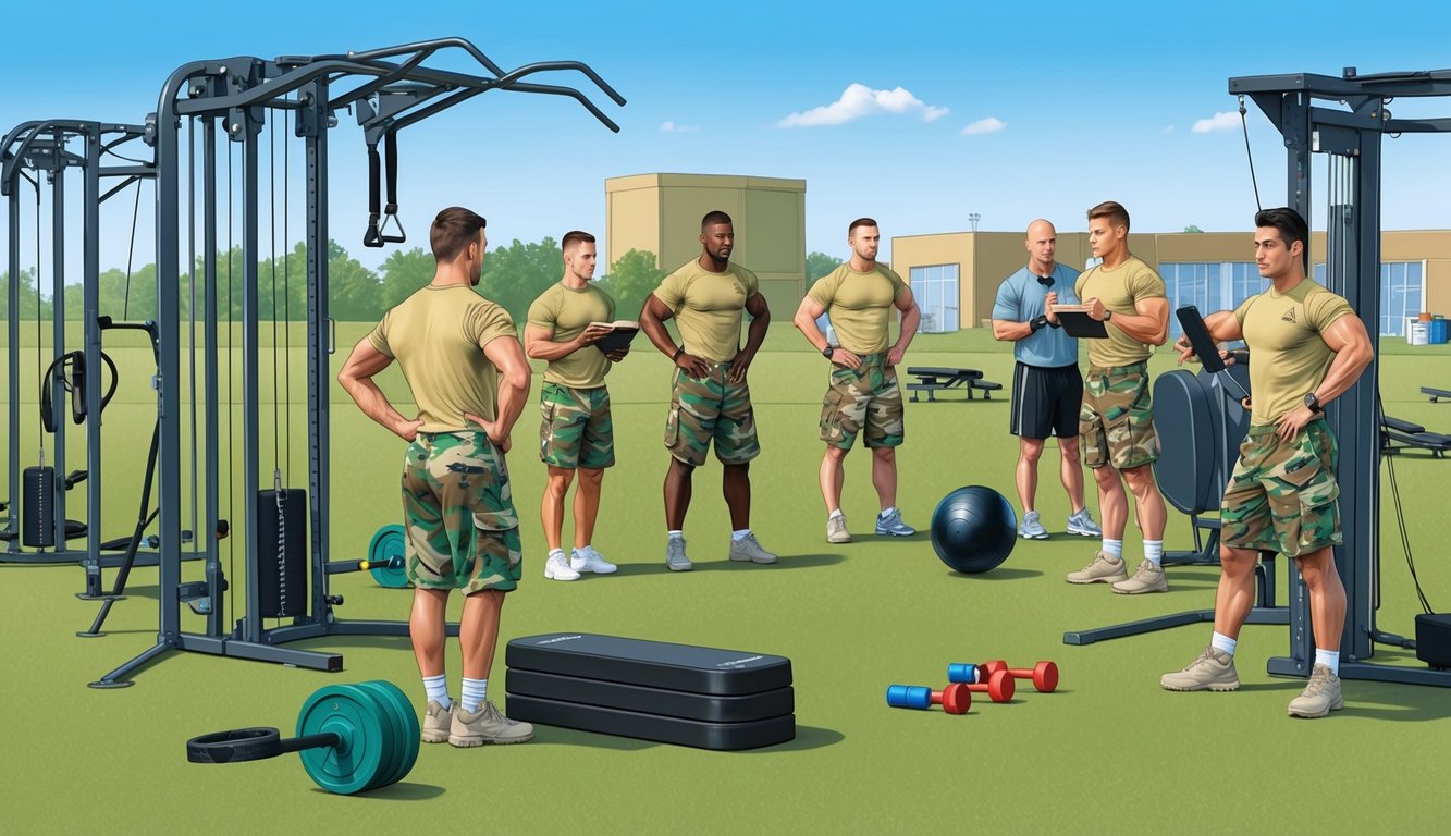 A military fitness assessment scene with various exercise equipment and trainers guiding recruits through training programs