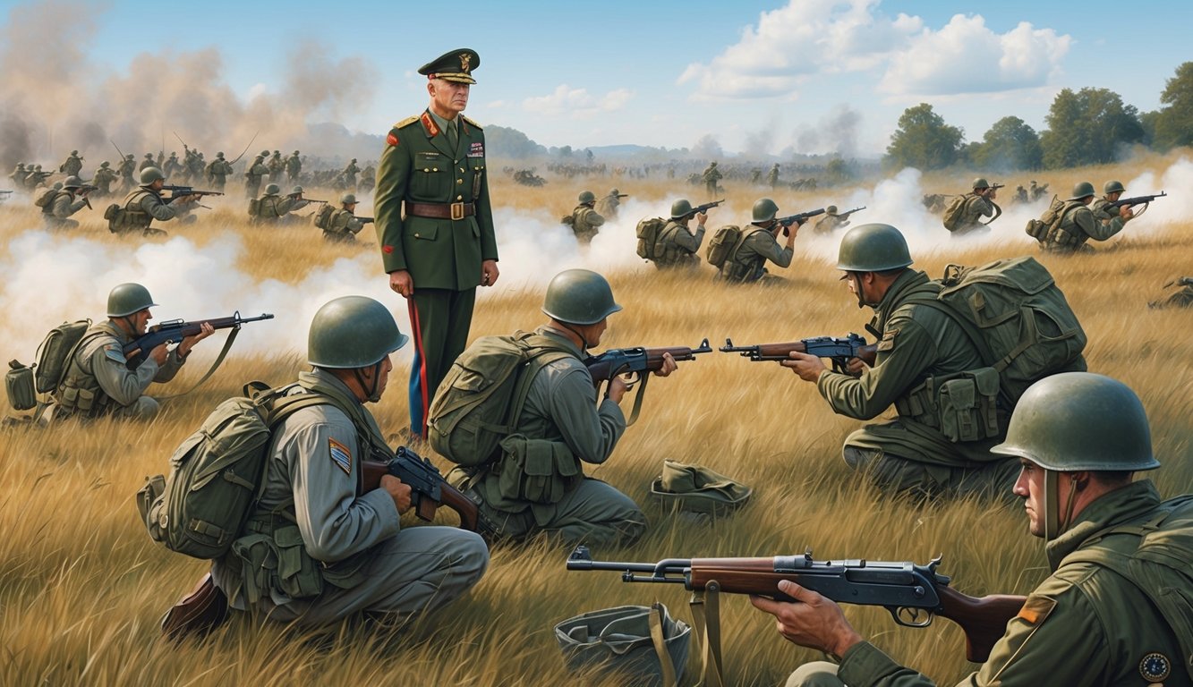 A battlefield with soldiers following a commanding officer's strategic orders