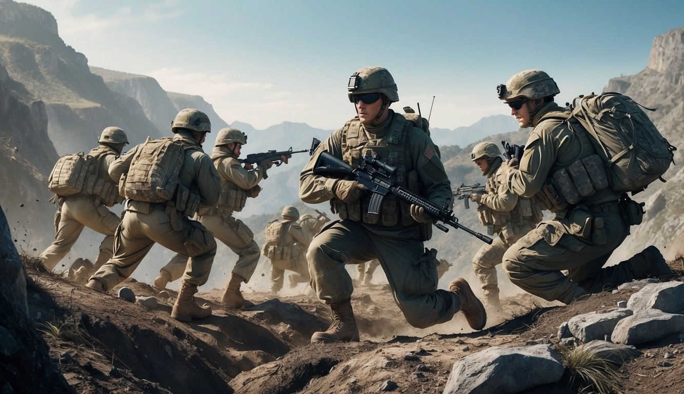 A group of soldiers navigating a treacherous terrain, with a clear leader directing and guiding the team through challenging obstacles