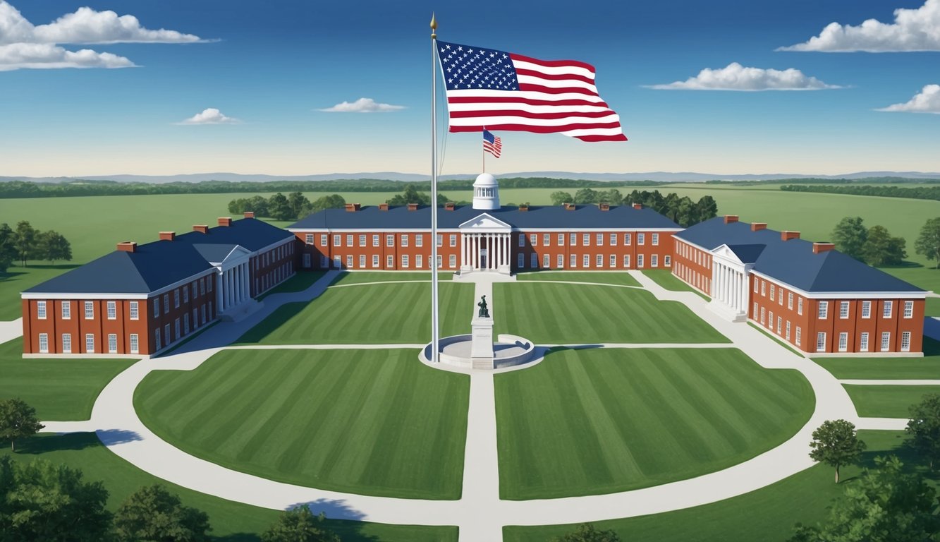 A group of military school buildings surrounded by a large open field, with a flagpole and the American flag flying high in the center