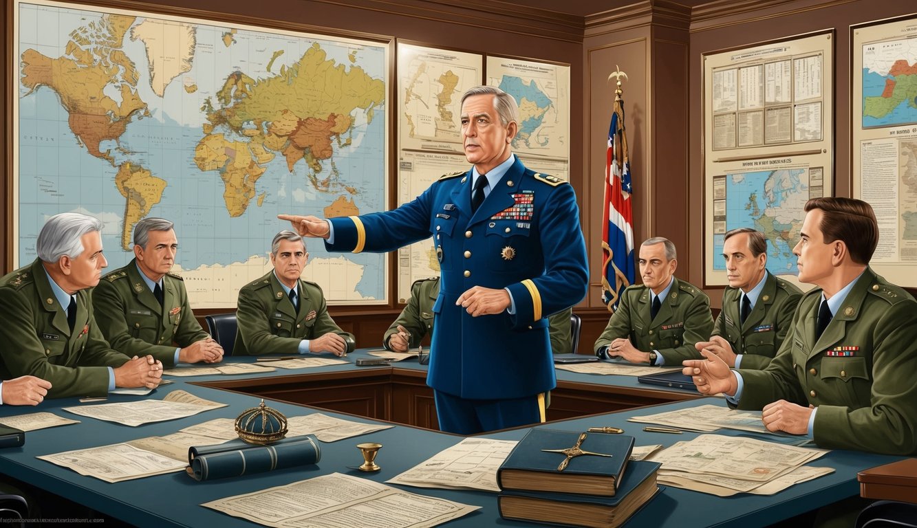 A military leader strategizing in a war room, surrounded by maps, charts, and historical documents