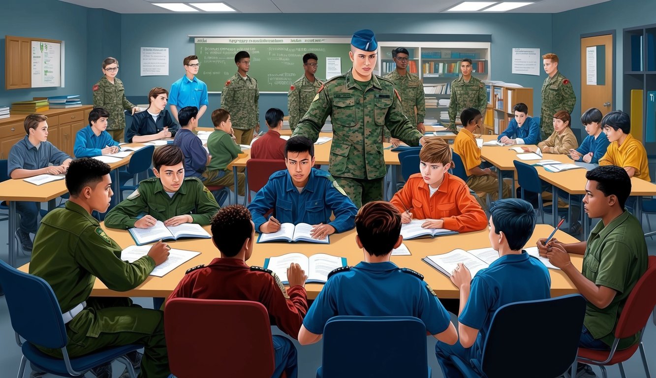 A group of troubled youths engage in various educational and support programs at a military school, surrounded by mentors and resources