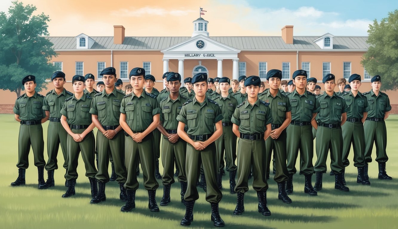 A group of troubled youth in military uniforms stand in formation, listening to a speaker in front of a backdrop of a military school