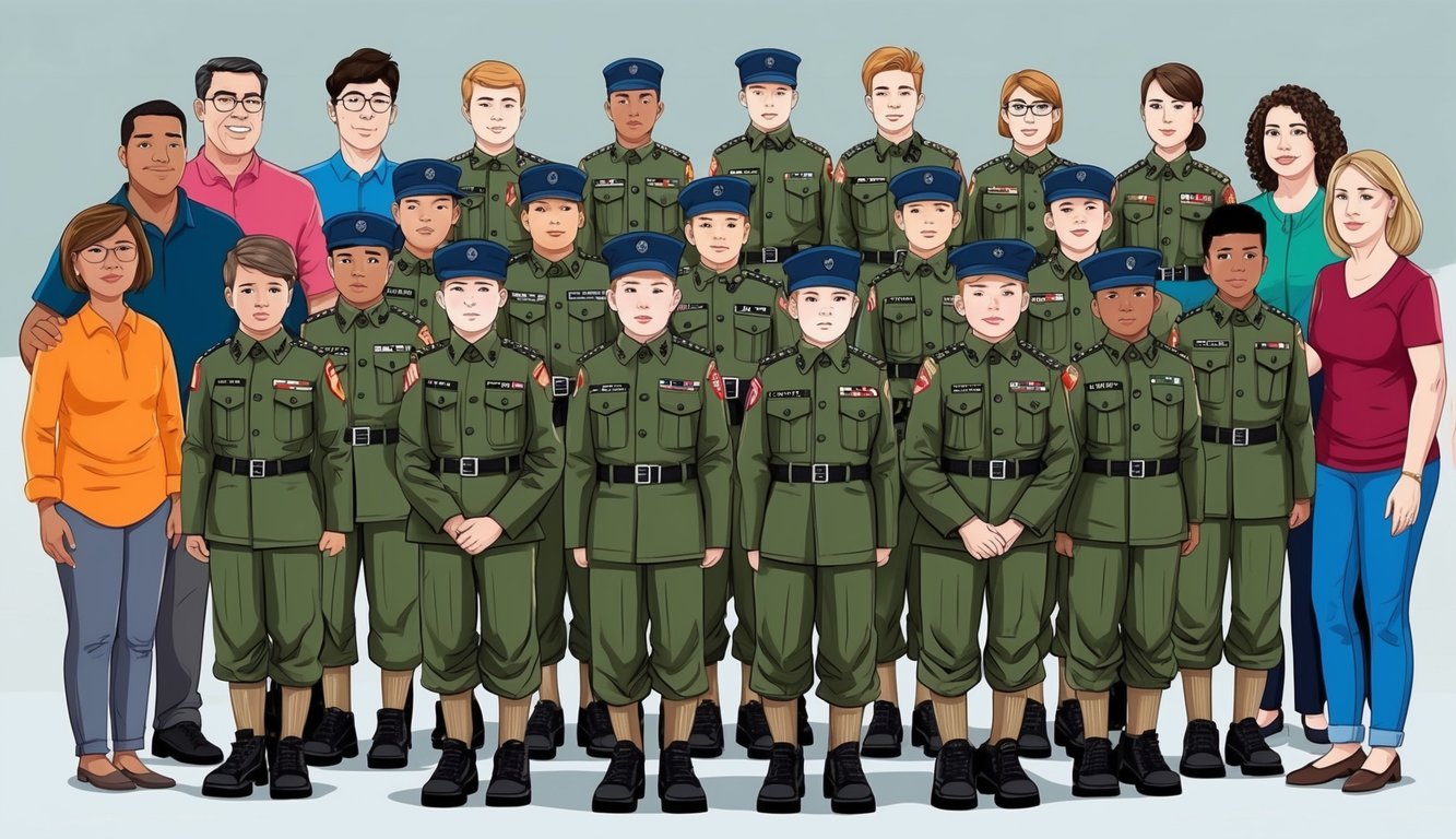 A group of troubled youth in military uniforms stand in formation, surrounded by supportive parents and guardians