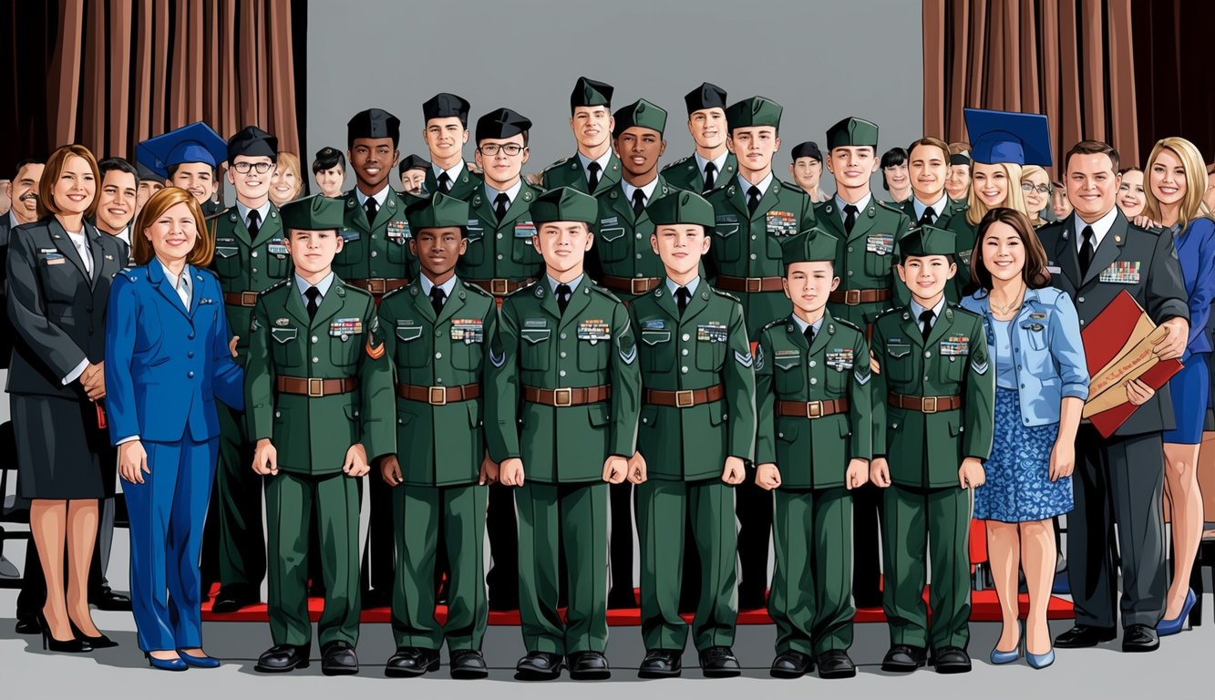 A group of troubled youth in military uniforms stand proudly at their graduation ceremony, surrounded by supportive staff and family members