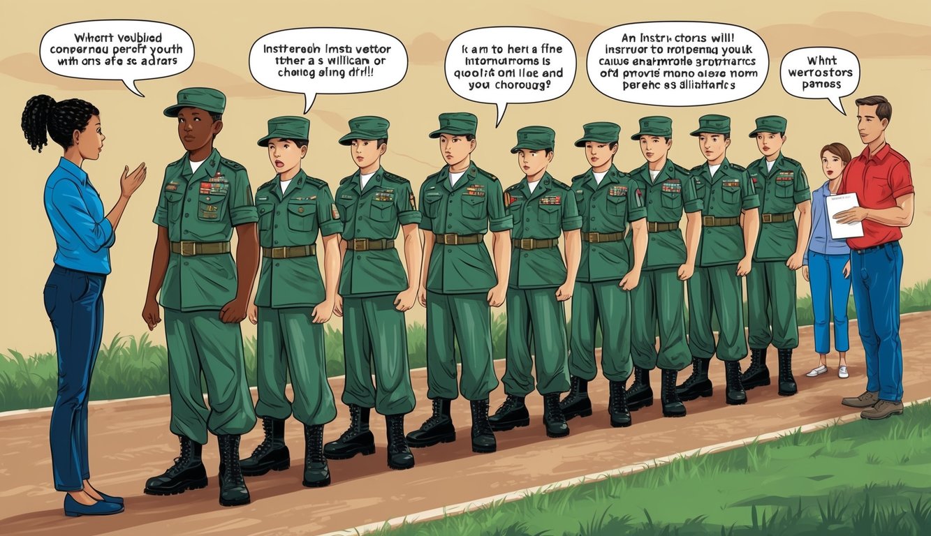 A group of troubled youth in military uniforms line up for a drill, while instructors answer questions from concerned parents