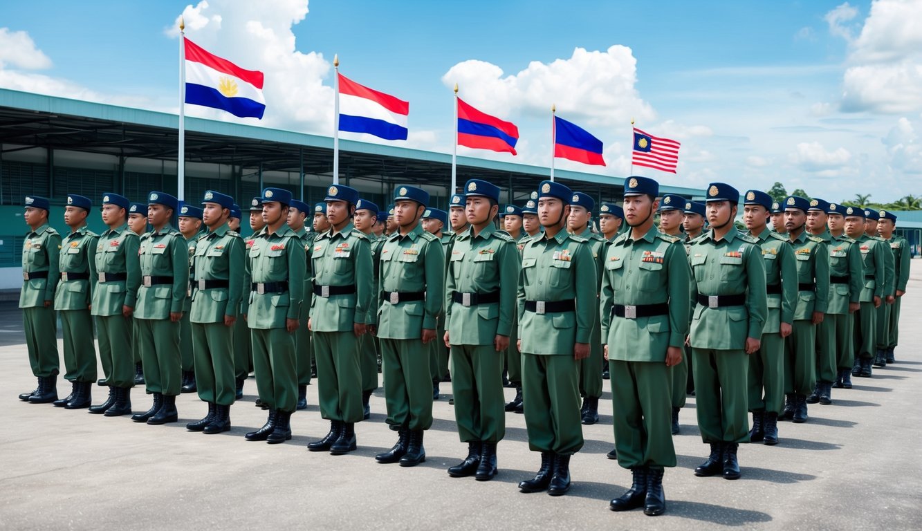 A row of uniformed soldiers standing in formation at a military base in Indonesia, with flags and banners displaying the organizational structure