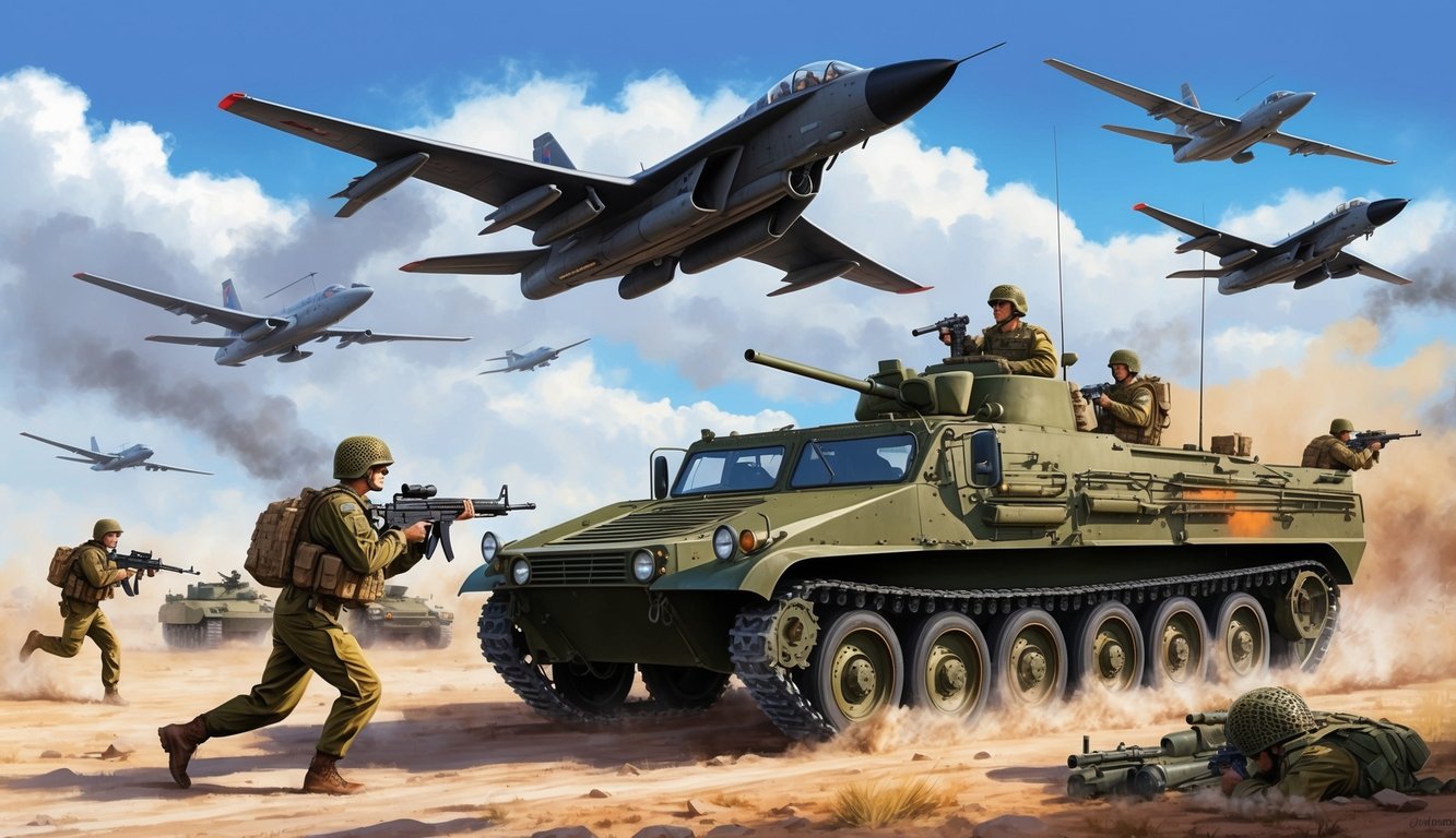 Military vehicles and soldiers in action, with aircraft flying overhead