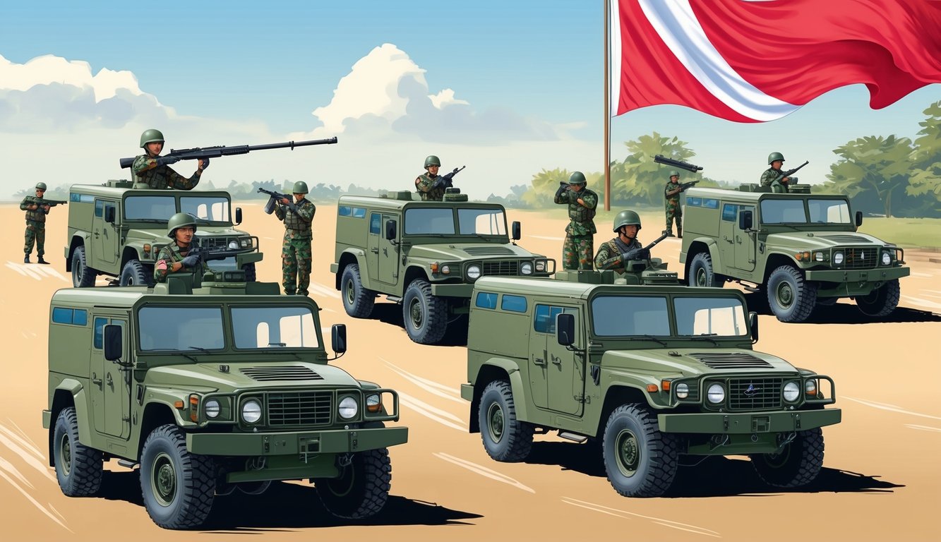 A group of military vehicles and personnel conducting training exercises in Indonesia, with the national flag flying in the background