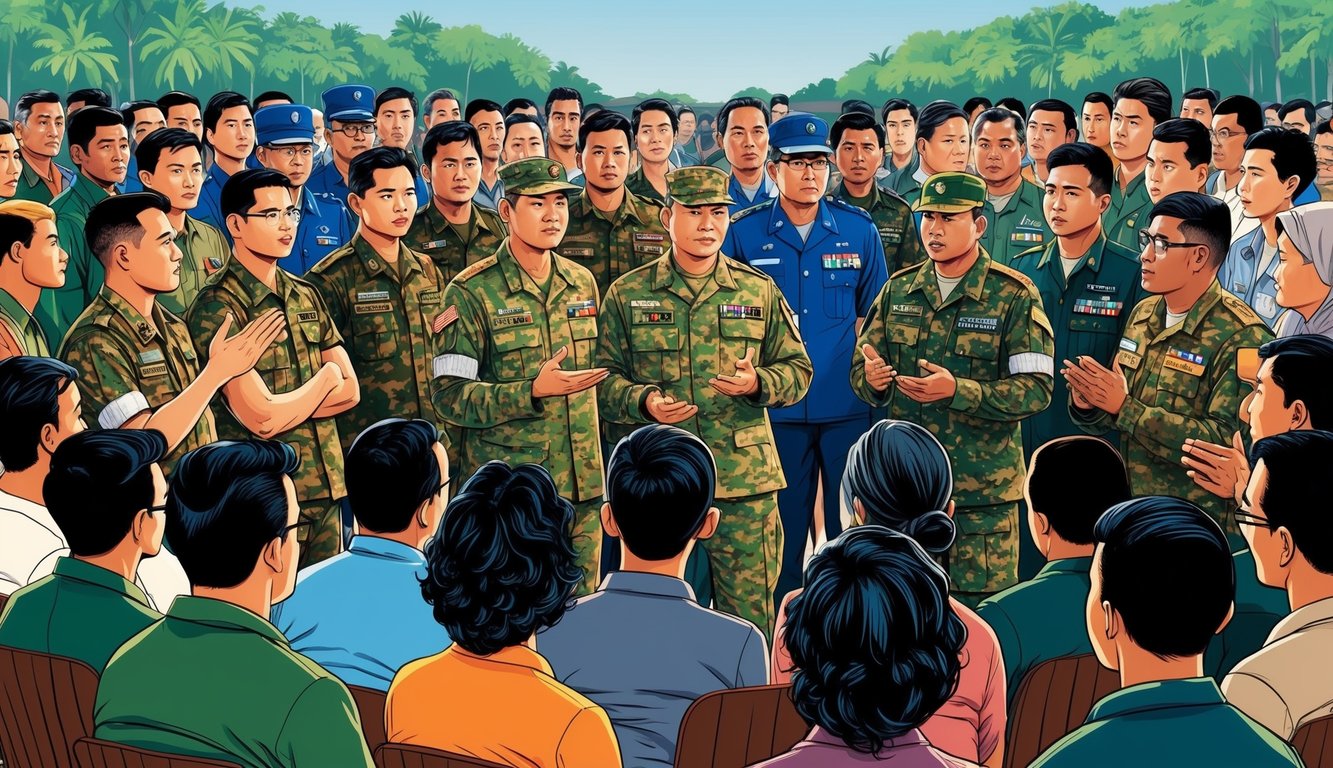 A group of military personnel in Indonesia answering questions from a diverse crowd