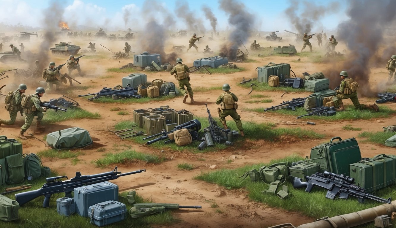 A battlefield with various military equipment and weaponry scattered across the ground, surrounded by soldiers in action