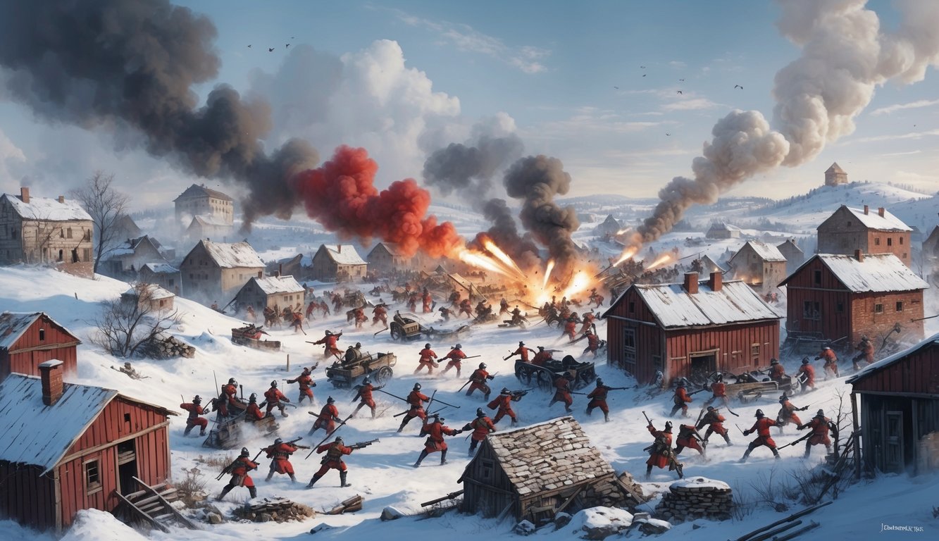 A chaotic battlefield with Red and White forces clashing amidst snow-covered landscapes and dilapidated buildings.</p><p>Smoke and gunfire fill the air