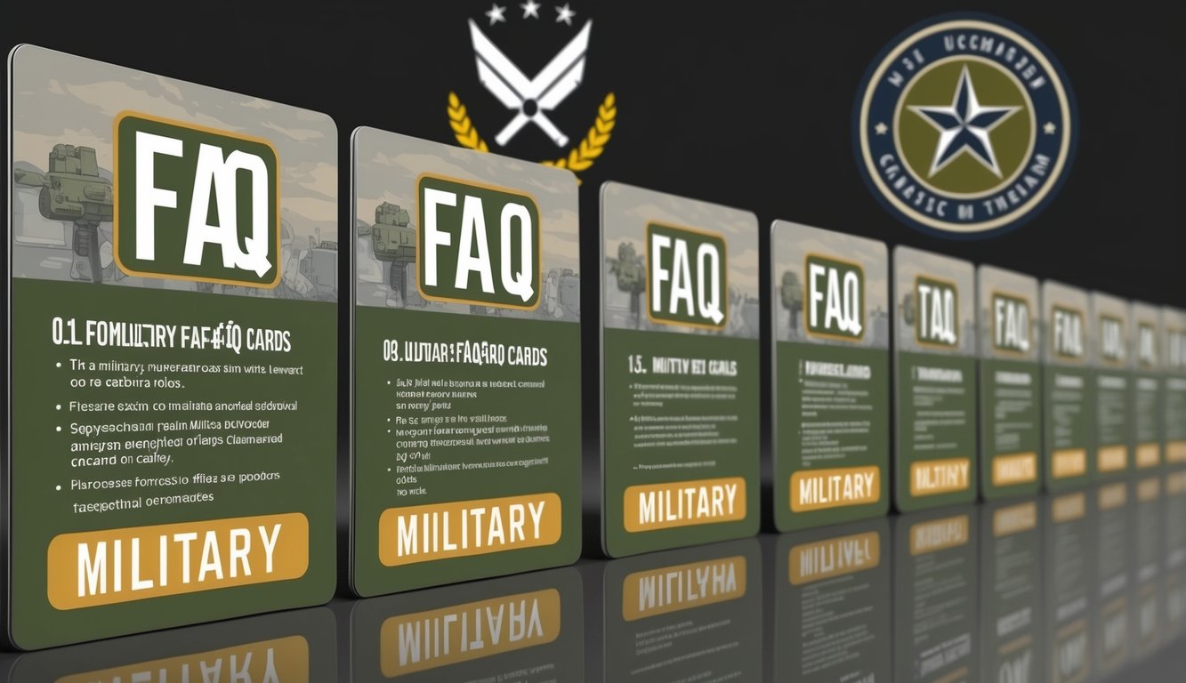 A row of military-themed FAQ cards with military equipment and symbols in the background