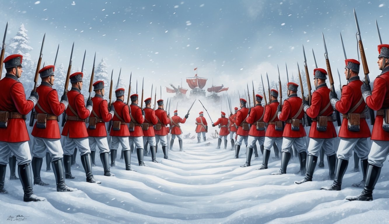 A group of red and white soldiers face off in a snowy battlefield, with key leaders overseeing the conflict