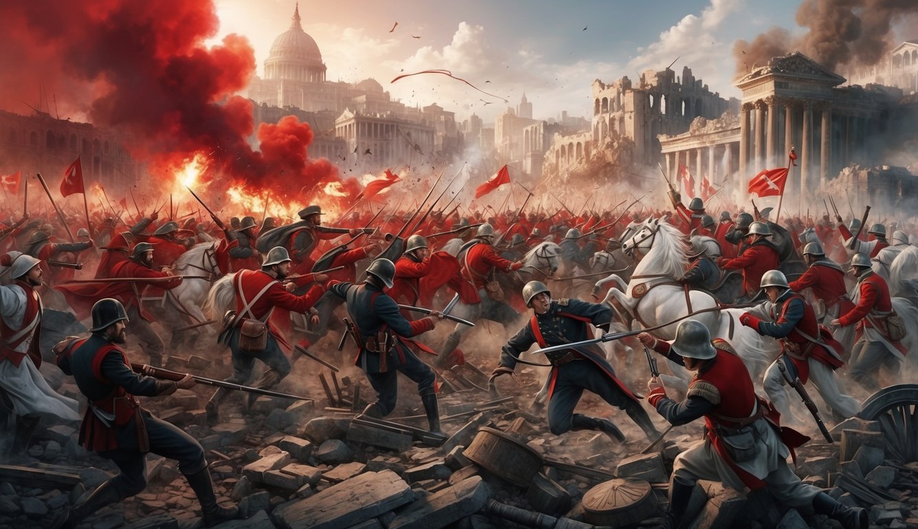 A chaotic battlefield with red and white forces clashing, surrounded by the ruins of a city and the backdrop of a revolution