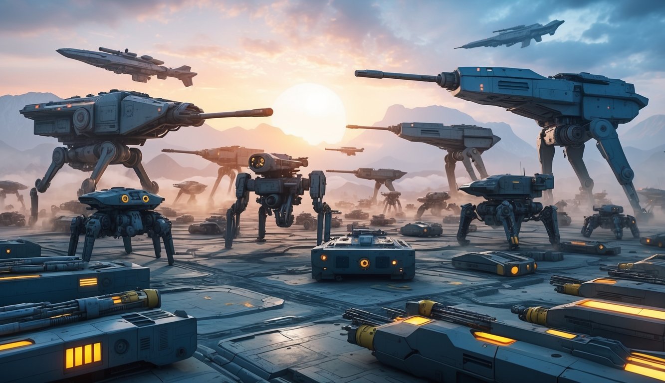 A futuristic battlefield with autonomous weapons in various forms and sizes, showcasing the evolution of warfare