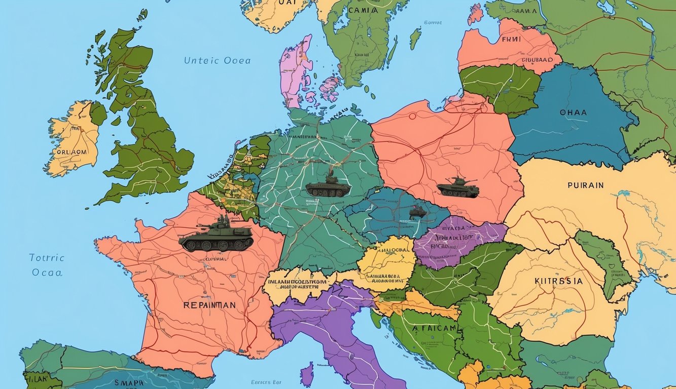 A map of a country with military movements and political borders intertwined