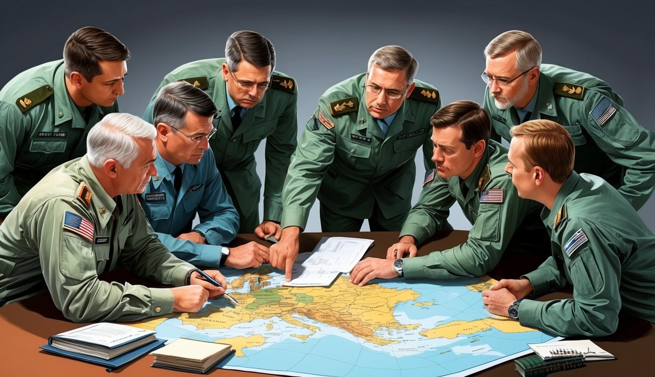 A group of military strategists huddled around a map, discussing and planning future political decisions