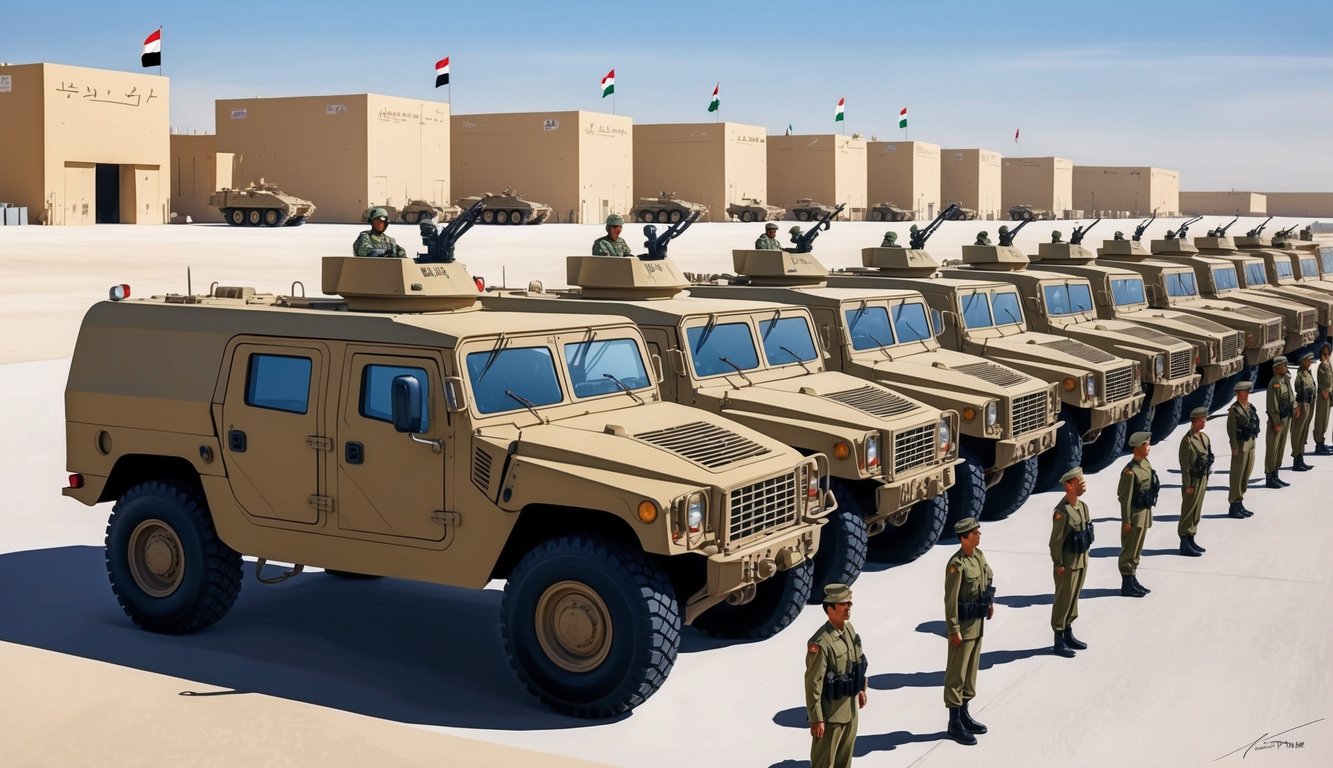 A row of military vehicles lined up in formation at a base in the United Arab Emirates, with soldiers standing at attention nearby