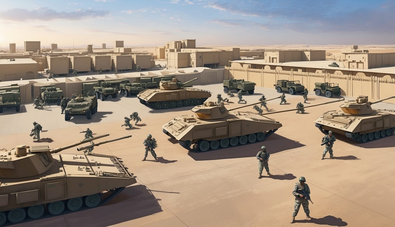 A panoramic view of a military base in the United Arab Emirates, with soldiers conducting training exercises and armored vehicles positioned strategically