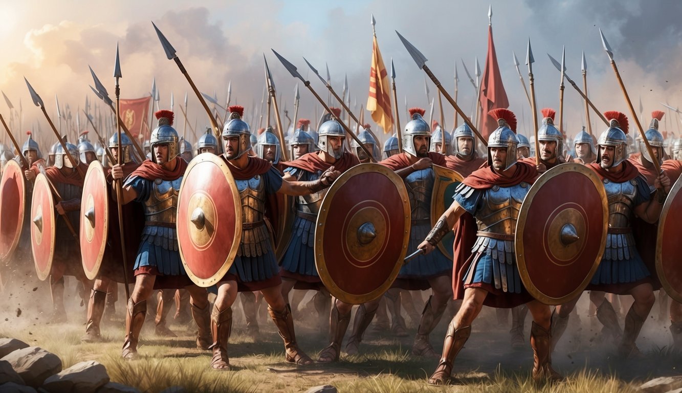 A Roman legion in formation, with soldiers wielding shields and spears, executing tactical maneuvers on a battlefield