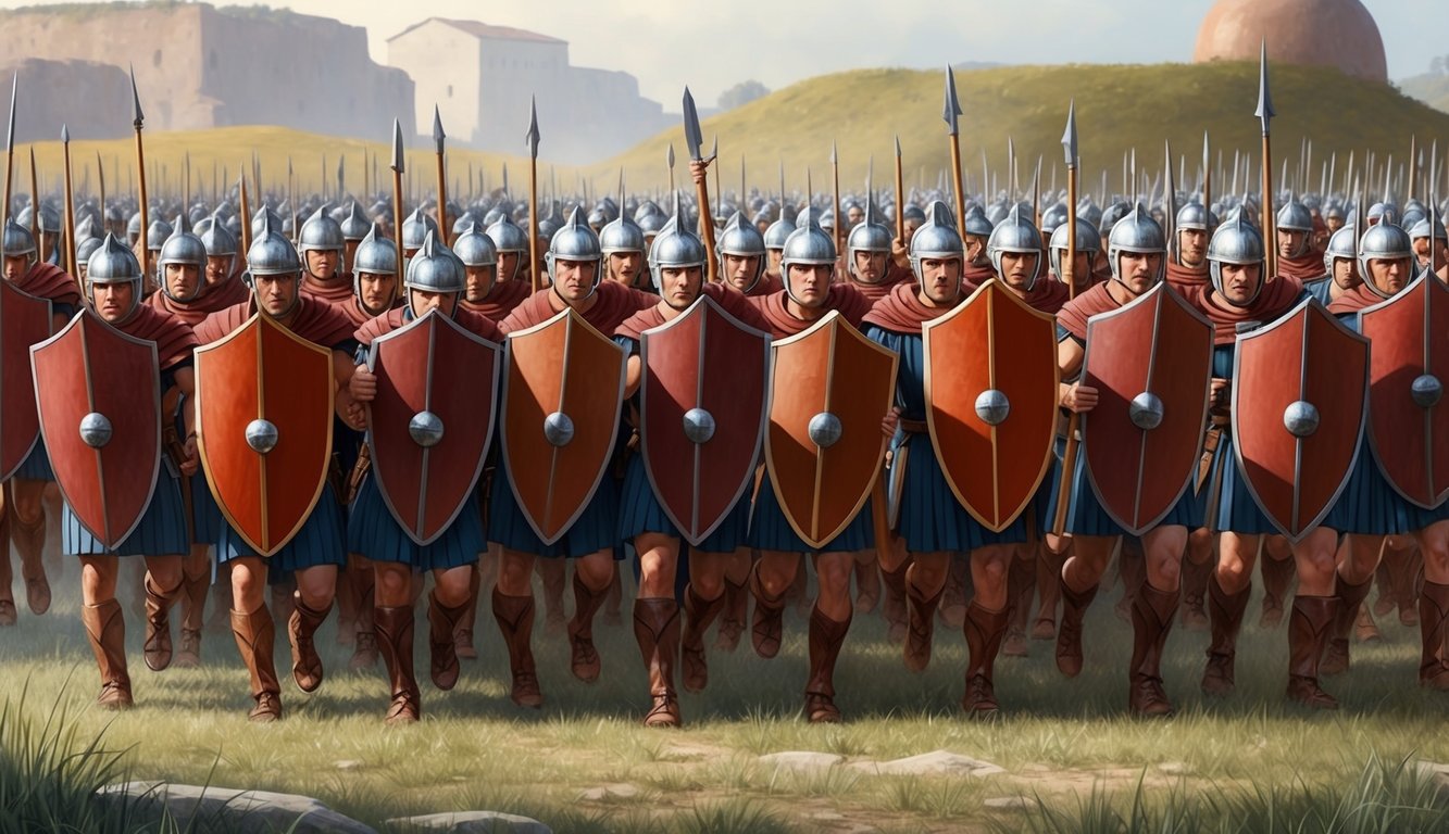 Roman legionnaires in formation, shields interlocked, advancing in disciplined ranks towards an unseen enemy