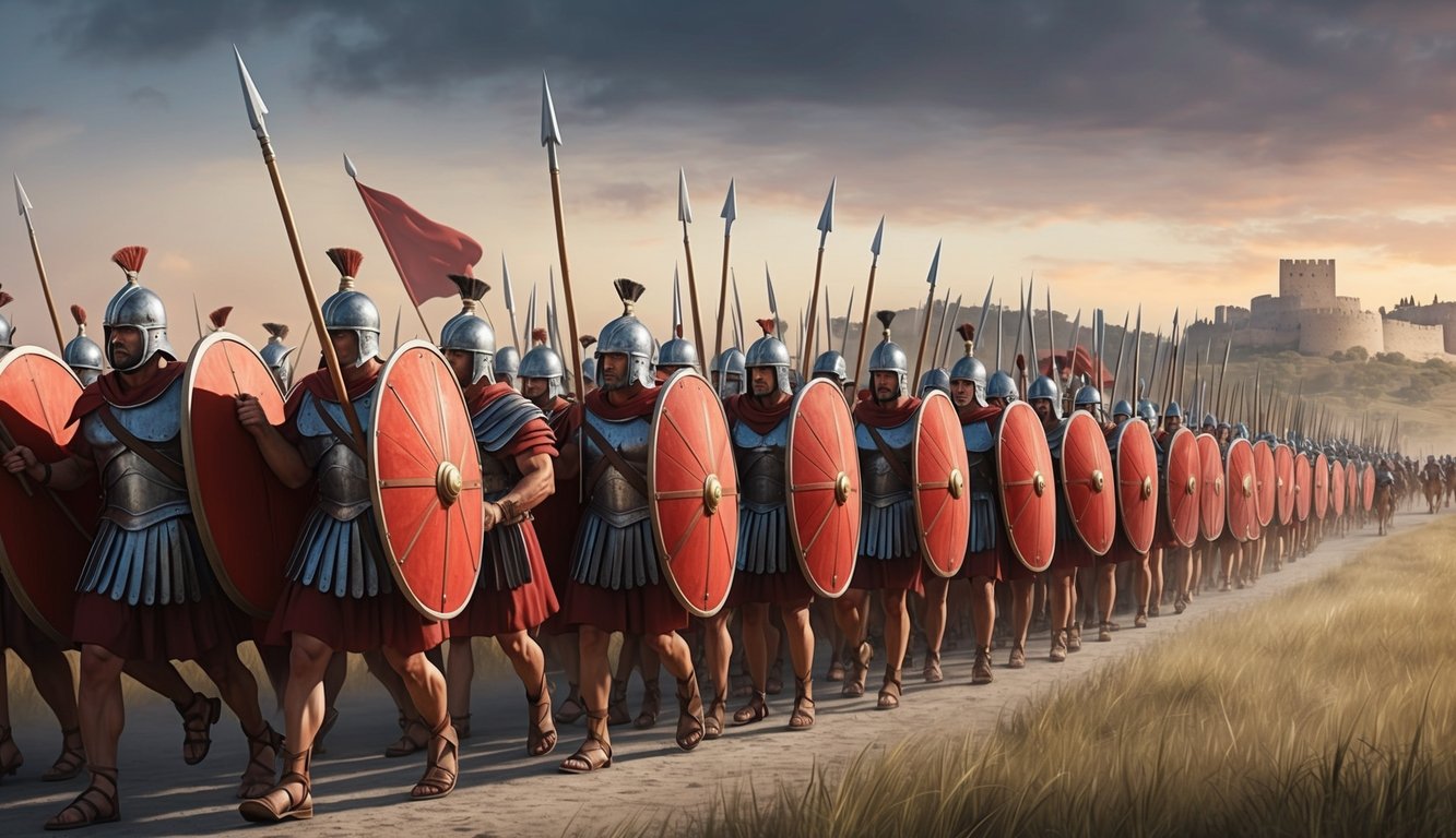 A Roman legion marching in formation, shields raised and spears at the ready, advancing on a distant enemy stronghold