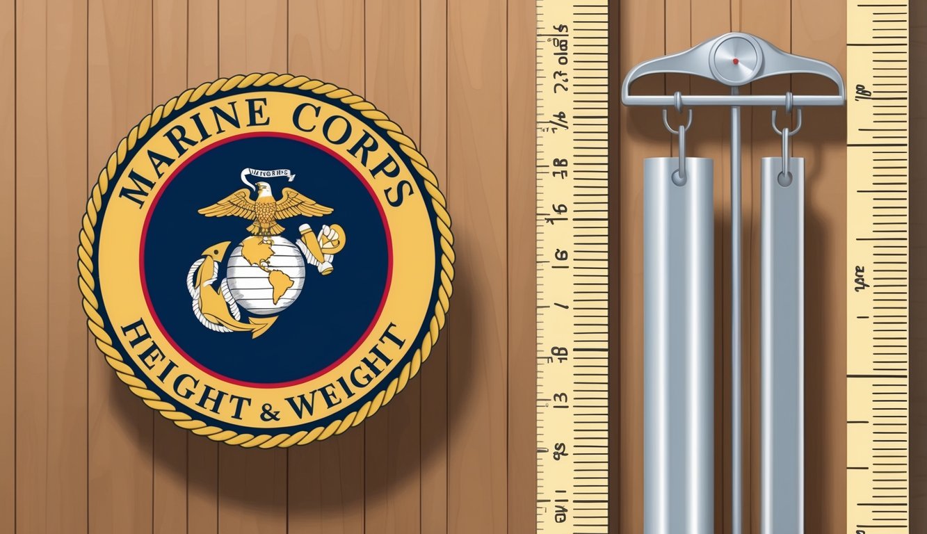 A Marine Corps emblem alongside a height and weight chart, with a measuring tape and scale