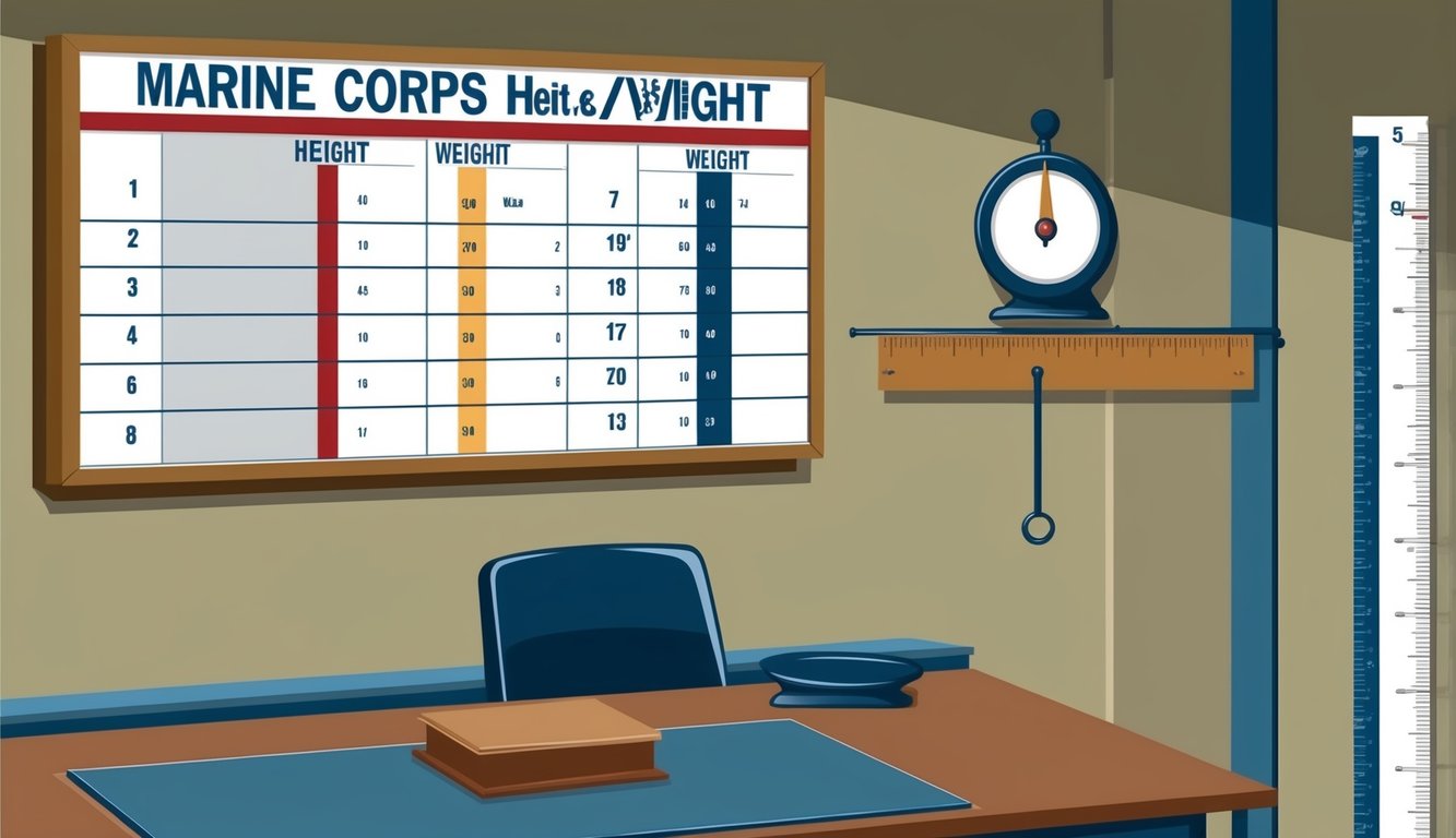 A Marine Corps height and weight chart on display in a military office, accompanied by a ruler and scale