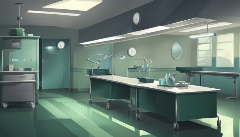 An empty, sterile operating room with medical equipment and tables