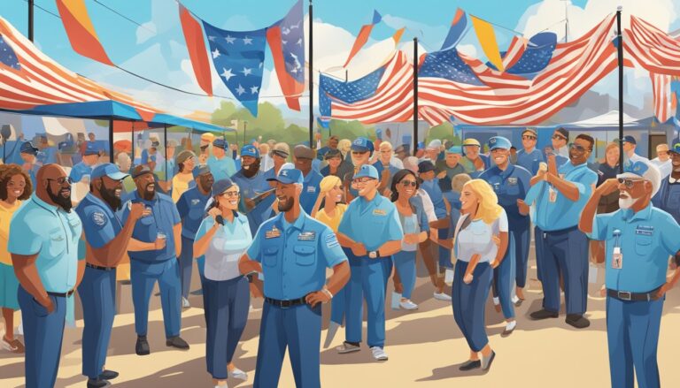 Group of people in blue uniforms celebrating under American flags