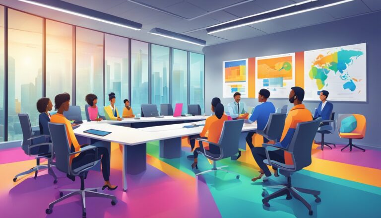 Business meeting in a modern office with charts and colorful floor
