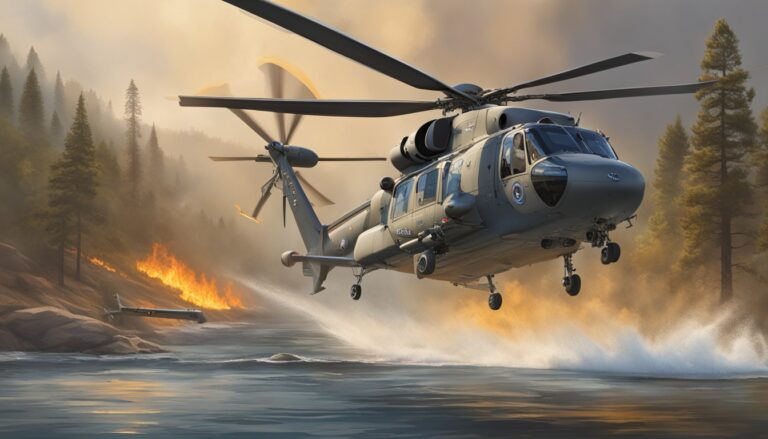 Helicopter dropping water on a forest fire near a lake