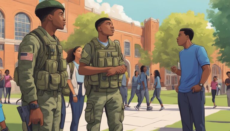 Two soldiers in uniform on a college campus, talking to a student