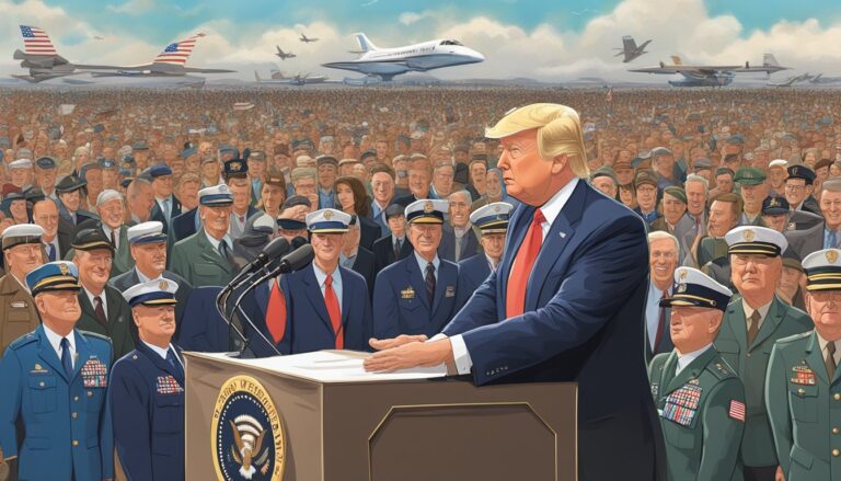 Donald Trump speaking at a podium with military personnel and crowd, jets overhead