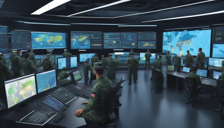 Military personnel in a command center with large screens displaying maps