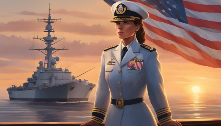 Woman in naval uniform with ship and American flag at sunset