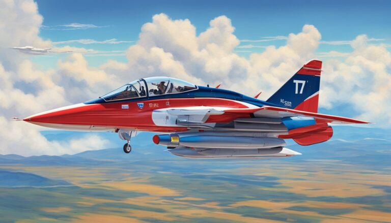 Red, white, and blue jet plane soaring through a cloudy sky over landscape