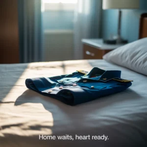 A folded military uniform on a bed, illuminated by soft, natural light