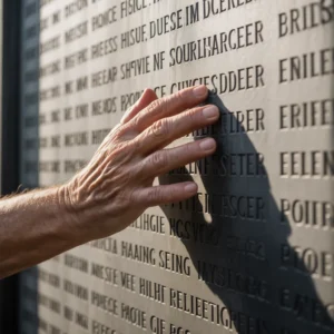 A hand touching a wall inscribed with etched text, casting a shadow