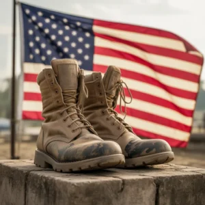 A pair of combat boots in front of a waving american flag