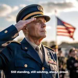 A senior military officer salutes in front of the american flag