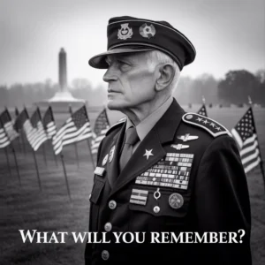 A senior military officer stands at attention, surrounded by american flags