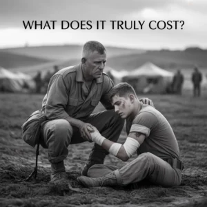 A soldier comforts a wounded comrade in a war scene, black and white