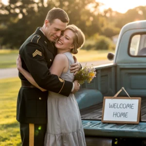 A soldier embraces a woman with a welcome home sign near a truck