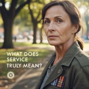 A woman in a military jacket looking directly at the viewer, with text