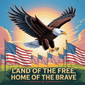 An american bald eagle soaring above american flags and patriotic text