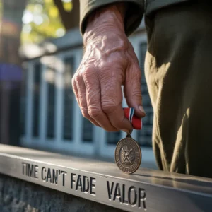 An elderly hand holding a medal, inscribed with the words "time can't fade valor"